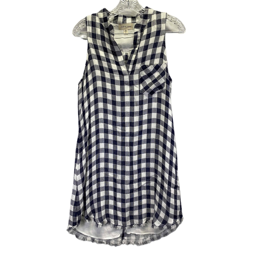 Cloth‎ & Stone Navy/White Womens Checkered Sleeveless Dress with Pocket Small
